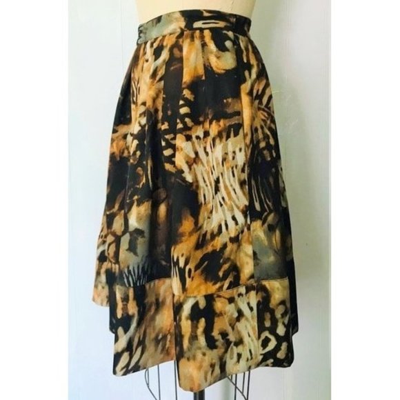 CHELSEA & THEODORE BROWN GRAY MUSTARD ABSTRACT WATERCOLOR FULL SKIRT 12 - Picture 2 of 8